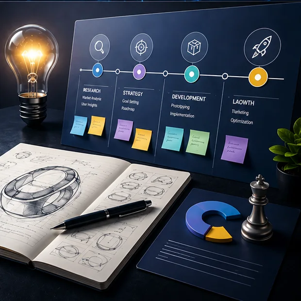 A product sketchbook and pen beside a roadmap board of milestones and sticky notes